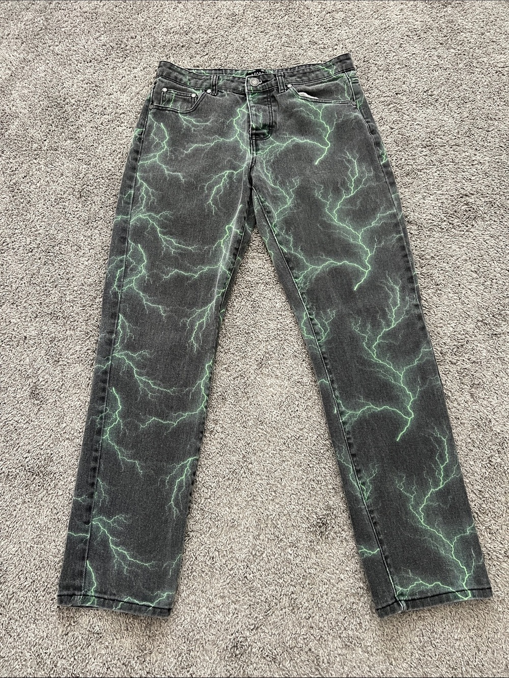BooHoo Man Lightning Bolt Black Denim Jeans with Neon Green Accents - Size 32R - Picture 2 of 11
